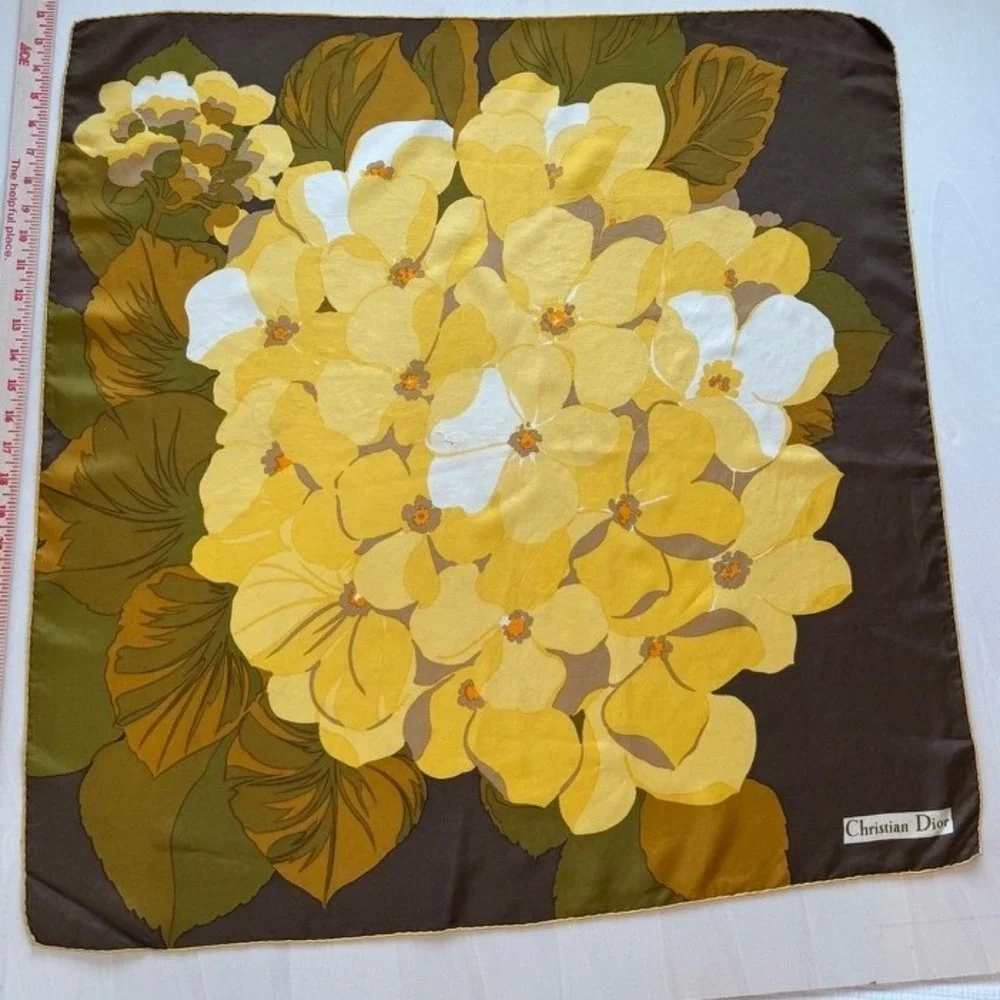 VTG Christian Dior Vintage Silk Scarf Floral Brown Yellow Hand Rolled 30